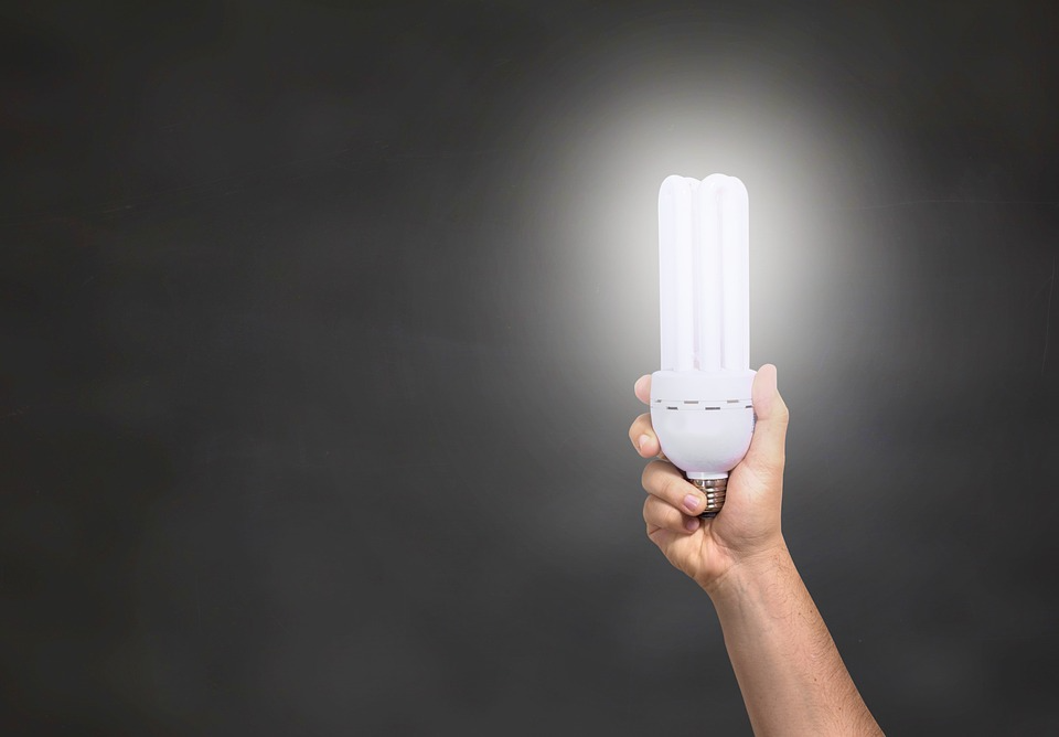Man holding CFL symbolizes conservation of energy